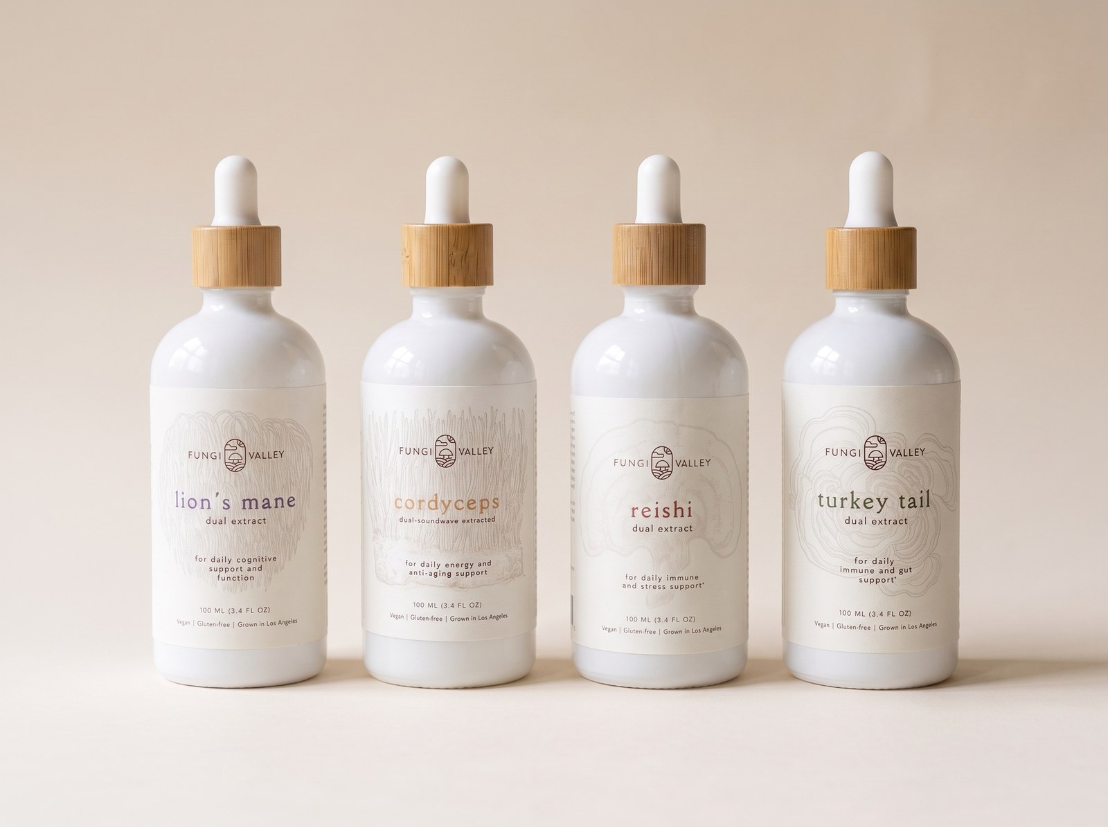 All four Fungi Valley tinctures in 100 ml